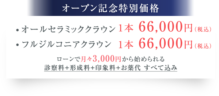 オールセラミッククラウン1本 66,000円(税込) フルジルコニアクラウン 1本 66,000円(税込) ローンで月々3,000円から始められる診察料+形成料+印象料+お薬代 すべて込み